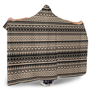 Light Stone Brown With Black Ethnic Tribal Pattern Hooded Blanket With Sherpa Lining