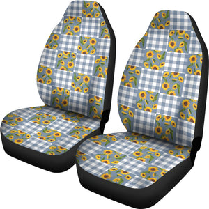 Faded Denim Blue Buffalo Plaid and Sunflowers Patchwork Pattern Car Seat Covers Set