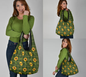 Green Plaid With Sunflower Pattern Grocery Shopping Bag Pack of 3