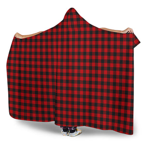 Red and Black Buffalo Plaid Hooded Blanket With Tan Sherpa Lining