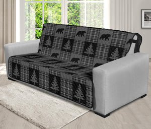 Gray and Black Plaid With Bears and Pine Trees Rustic Patchwork Pattern on Futon Sofa Slip Cover Protector