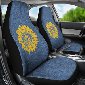 Faith Sunflower on Rustic Light Blue Faded Faux Denim Style Background Car Seat Covers