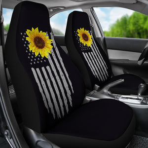 Black With Faded and Distressed American Flag With Rustic Sunflower Car Seat Covers Seat Protectors