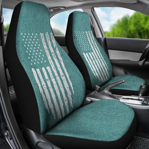 Distressed American Flag Turquoise Faux Denim Car Seat Covers