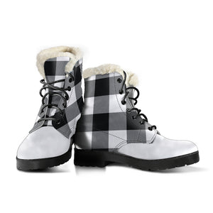 Black White Buffalo Plaid Color Block Vegan Leather Faux Fur Lined Winter Boots With White Toe