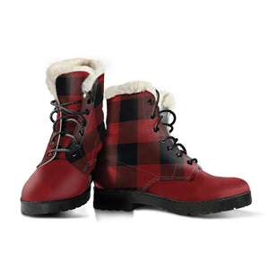 Red and Black Buffalo Plaid Color Block Fur Lined Vegan Leather Boots With Red Toe