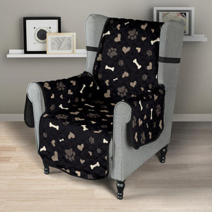 Black With Brown and White Dog Paws, Hearts and Bones Pattern Furniture Slipcover Protectors
