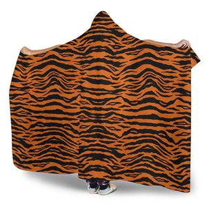 Tiger Print Orange Hooded Blanket With Sherpa Lining Animal Skin