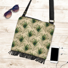 Load image into Gallery viewer, Tan With Green Peacock Feathers Fringe Purse Boho Bag With Crossbody Shoulder Strap
