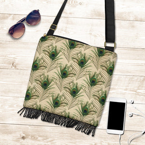 Tan With Green Peacock Feathers Fringe Purse Boho Bag With Crossbody Shoulder Strap