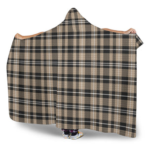 Beige, Black and White Plaid Pattern Hooded Blanket With Sherpa Lining