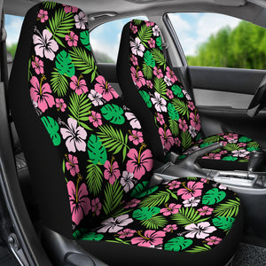 Hibiscus Flower Car Seat Covers Hawaiian Pattern In Pink, Green and Black Set of 2