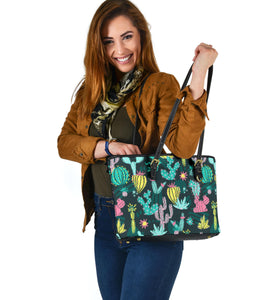 Colorful Cactus Pattern Vegan Leather Tote Bags