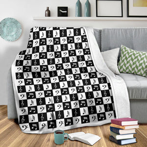 Black and White Checkered Music Note Pattern Fleece Throw Blanket With White Border