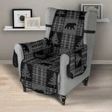 Load image into Gallery viewer, Gray and Black Plaid With Bears and Pine Trees Rustic Patchwork Pattern on Armchair Slip Cover Protector
