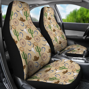Cowboy Pattern Western Car Seat Covers on Tan Sand Colored Background