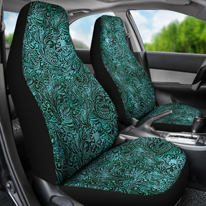 Turquoise Tooled Leather Style Printed Texture Design Car Seat Covers