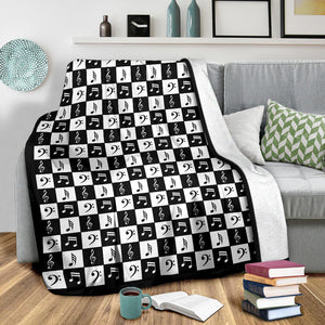 Black and White Music Notes Checkered Pattern Fleece Throw Blanket