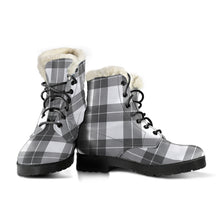 Load image into Gallery viewer, Gray and White Plaid Faux Fur Lined Vegan Leather Boots
