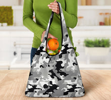 Load image into Gallery viewer, Camo Grocery Shopping Bags Pack of 3 In Green, Gray and Brown Camouflage Patterns
