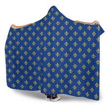 Load image into Gallery viewer, Royal Blue and Gold Fleur De Lis Hooded Blanket 1
