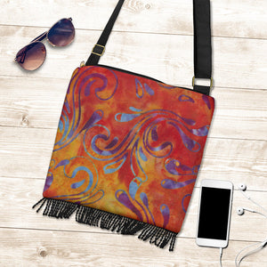 Colorful Batik Design Printed Canvas Boho Bag With Fringe and Crossbody Shoulder Strap Purse