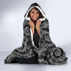 Gray and Black Tie Dye Hooded Blanket With White Fleece Lining
