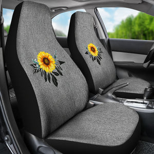 Sunflower Dreamcatcher Boho Design On Gray Faux Denim Car Seat Covers