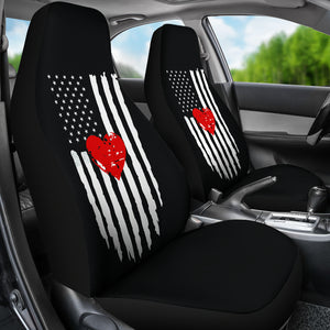 Distressed American Flag With Heart Car Seat Covers Set In Black