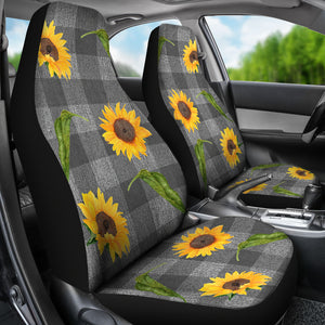 Gray Faux Denim Buffalo Plaid With Rustic Sunflowers Car Seat Covers Seat Protectors