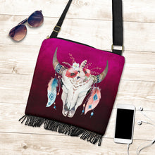 Load image into Gallery viewer, Magenta Ombre With Boho Skull Bag With Fringe and Crossbody Strap
