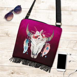 Magenta Ombre With Boho Skull Bag With Fringe and Crossbody Strap