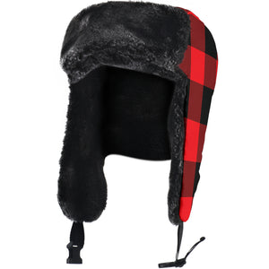 Red and Black Buffalo Plaid Trapper Hat With Faux Fur Lining