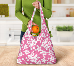 Pink and White Hibiscus Hawaiian Pattern Reusable Grocery Shopping Bags Totes