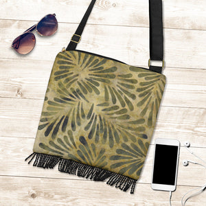 Olive Green and Sand Colored Batik Leaves Patter Boho Bag Fringe Crossbody Shoulder Bag