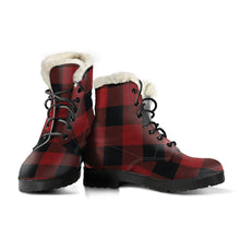 Load image into Gallery viewer, Red and Black Buffalo Plaid Faux Fur Lined Leather Boots
