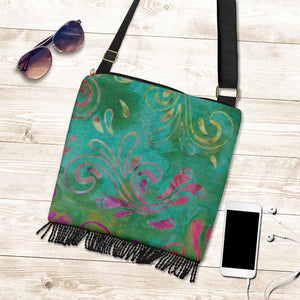 Green and Pink Batik Printed Canvas Boho Bag With Fringe and Crossbody Shoulder Strap Purse