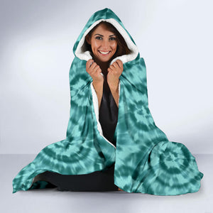 Turquoise Tie Dye Hooded Blanket With White Fleece Lining