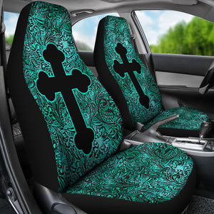 Turquoise Tooled Leather Style Car Seat Covers With Catholic Style Christian Cross