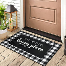 Load image into Gallery viewer, This is our happy place black and white buffalo plaid door mat

