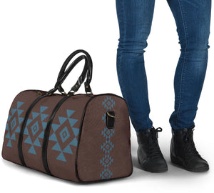Brown Faux Suede and Blue Tribal Design Travel Bag Duffel With Black Faux Leather Handles