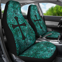 Load image into Gallery viewer, Turquoise Tooled Leather Style Pattern Car Seat Covers With Christian Cross
