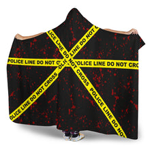 Load image into Gallery viewer, Crime Scene Police Caution Tape Hooded Blanket Black With Red Blood Spatter and Sherpa Lining
