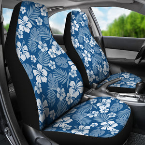 Hibiscus Car Seat Covers In Classic Blue and White Flowers Hawaiian Pattern Set of 2