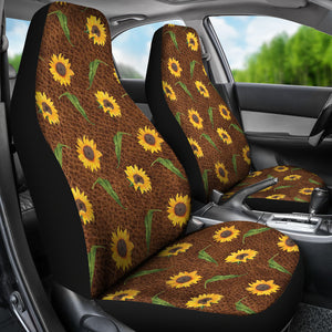 Rustic Sunflower Pattern on Faux Leather Printed Background Car Seat Covers Seat Protectors