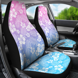 Blue, Purple and Pink Ombre With White Hibiscus Pattern Overlay Car Seat Covers Set of 2