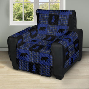 Blue and Black Plaid Patchwork Recliner Slipcover With Bears and Pine Trees