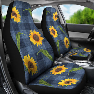 Blue Denim Buffalo Plaid With Rustic Sunflowers Car Seat Covers