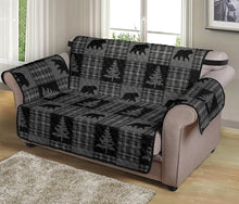 Load image into Gallery viewer, Gray and Black Plaid With Bears and Pine Trees Rustic Patchwork Pattern on Loveseat Sofa Slip Cover Protector

