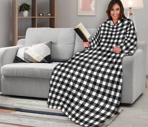 Black and White Buffalo Plaid Blanket With Sleeves